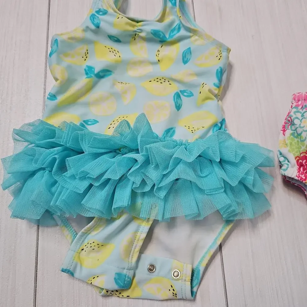 Baby Girl Swimsuit & Swim Diaper Lemon Floral Ruffle Cute 12-18M 24M‎ Beachwear